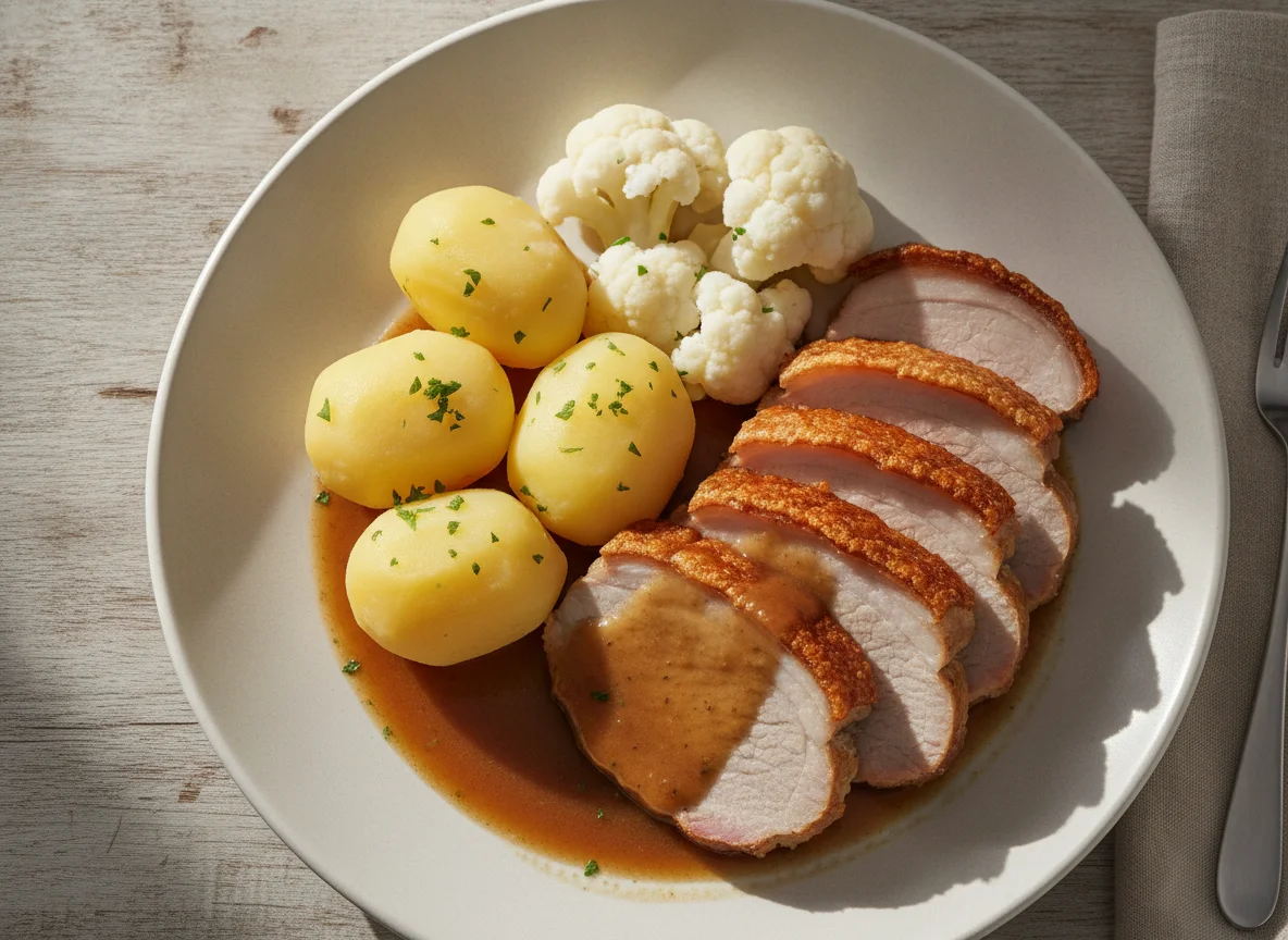 Schweinebraten mit Salzkartoffeln, Blumenkohl und Bratensoße photo