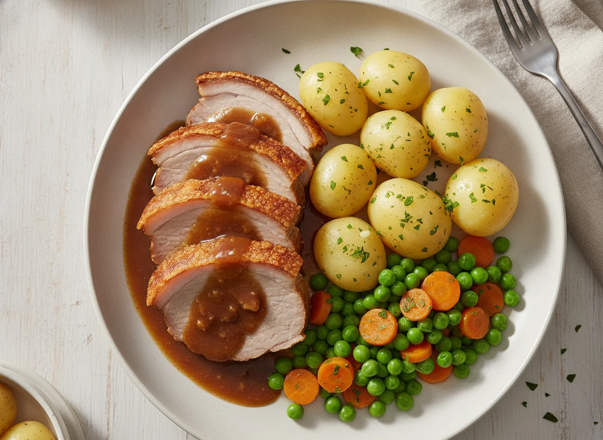 Schweinebraten mit Salzkartoffeln, Erbsen und Möhren photo