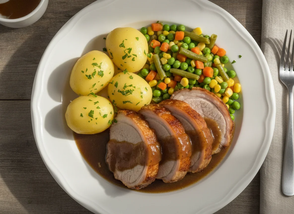 Schweinebraten mit Salzkartoffeln, Mischgemüse und Bratensoße photo