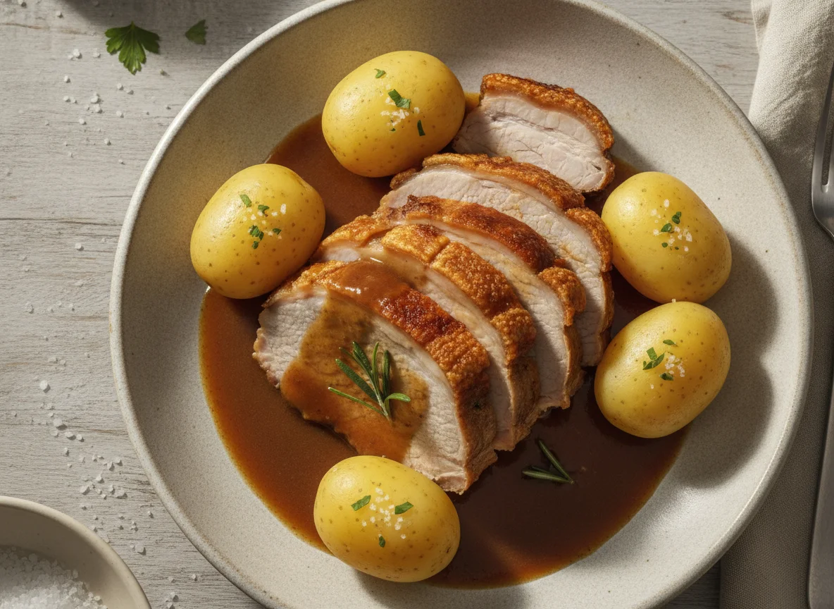 Schweinebraten mit Salzkartoffeln und Bratensoße photo