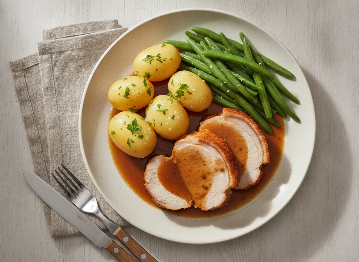Schweinebraten mit Salzkartoffeln und grünen Bohnen photo