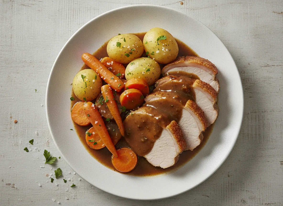 Schweinebraten mit Salzkartoffeln und Karotten photo