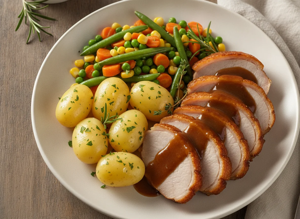 Schweinebraten mit Salzkartoffeln und Mischgemüse photo