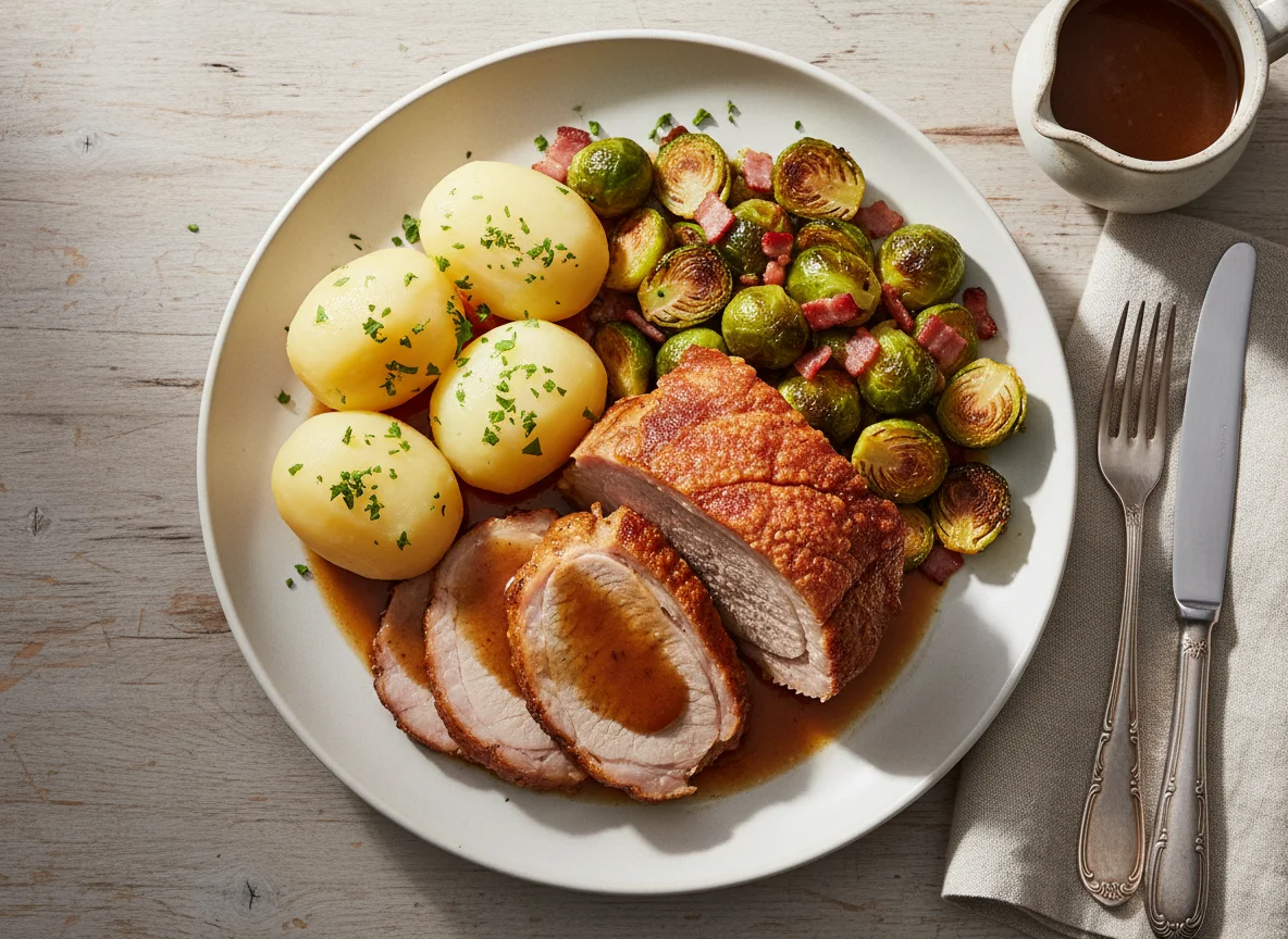 Schweinebraten mit Salzkartoffeln und Rosenkohl photo