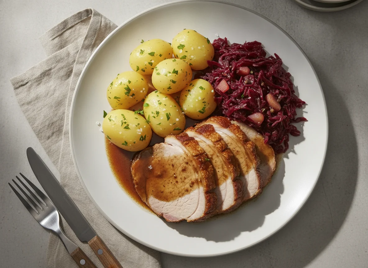 Schweinebraten mit Salzkartoffeln und Rotkohl photo