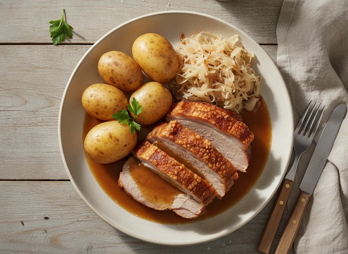 Schweinebraten mit Salzkartoffeln und Sauerkraut photo