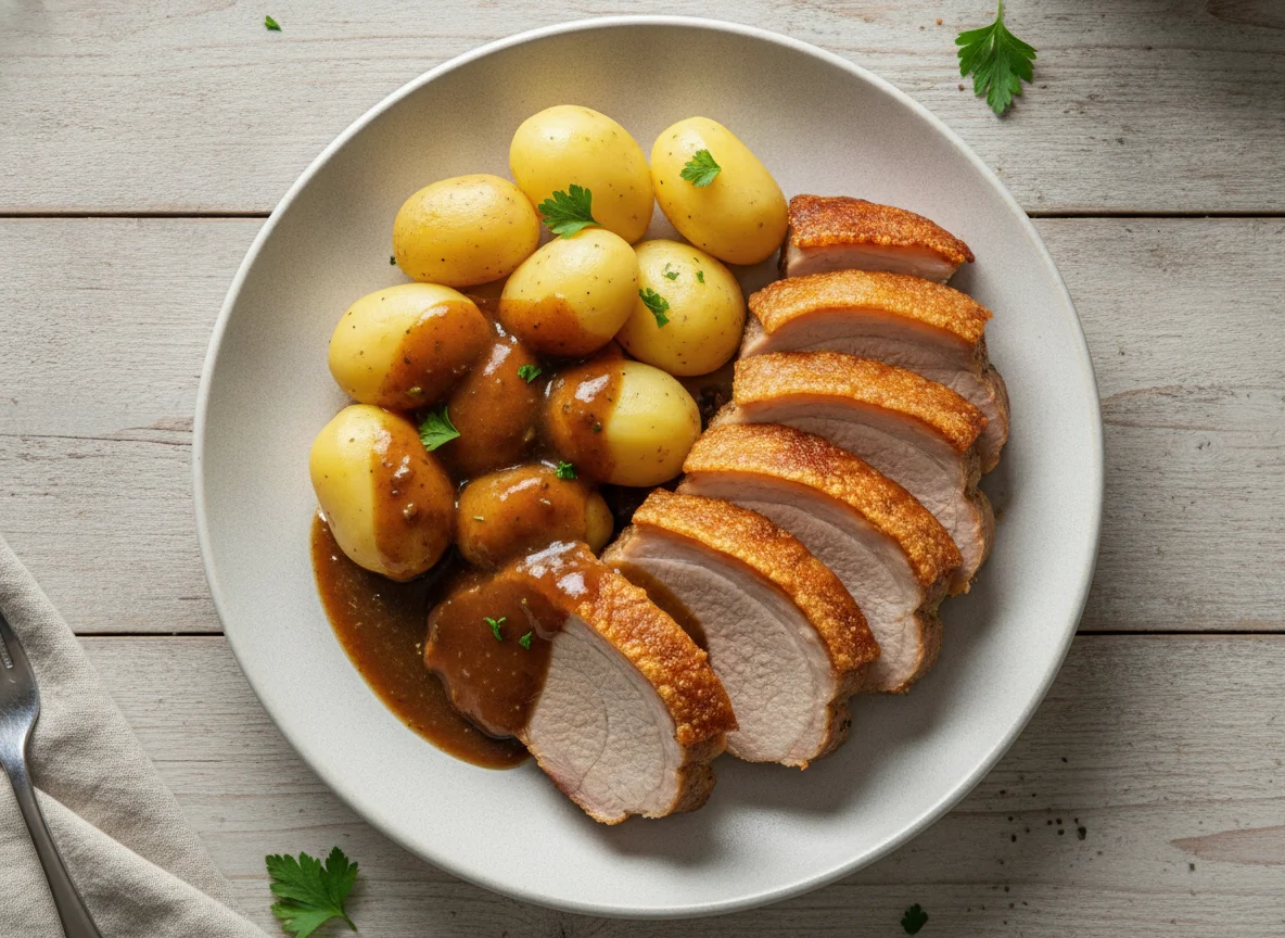 Schweinebraten mit Salzkartoffeln und Soße photo