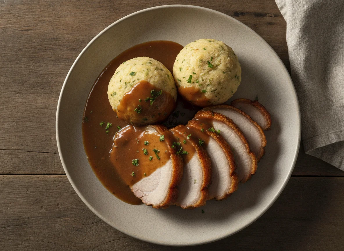 Schweinebraten mit Semmelknödel und Bratensoße photo
