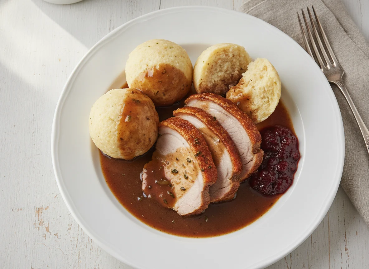 Schweinebraten mit Semmelknödel und dunkler Soße photo