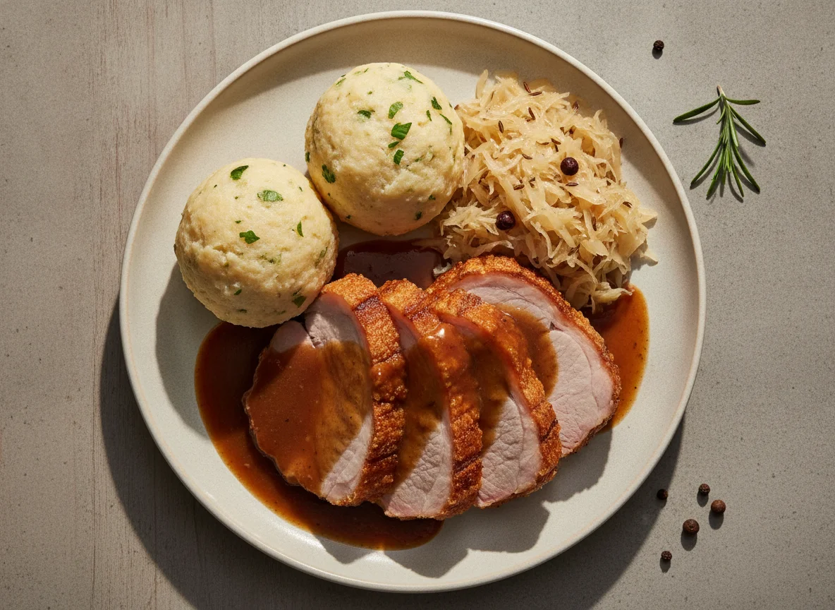 Schweinebraten mit Semmelknödel und Sauerkraut photo