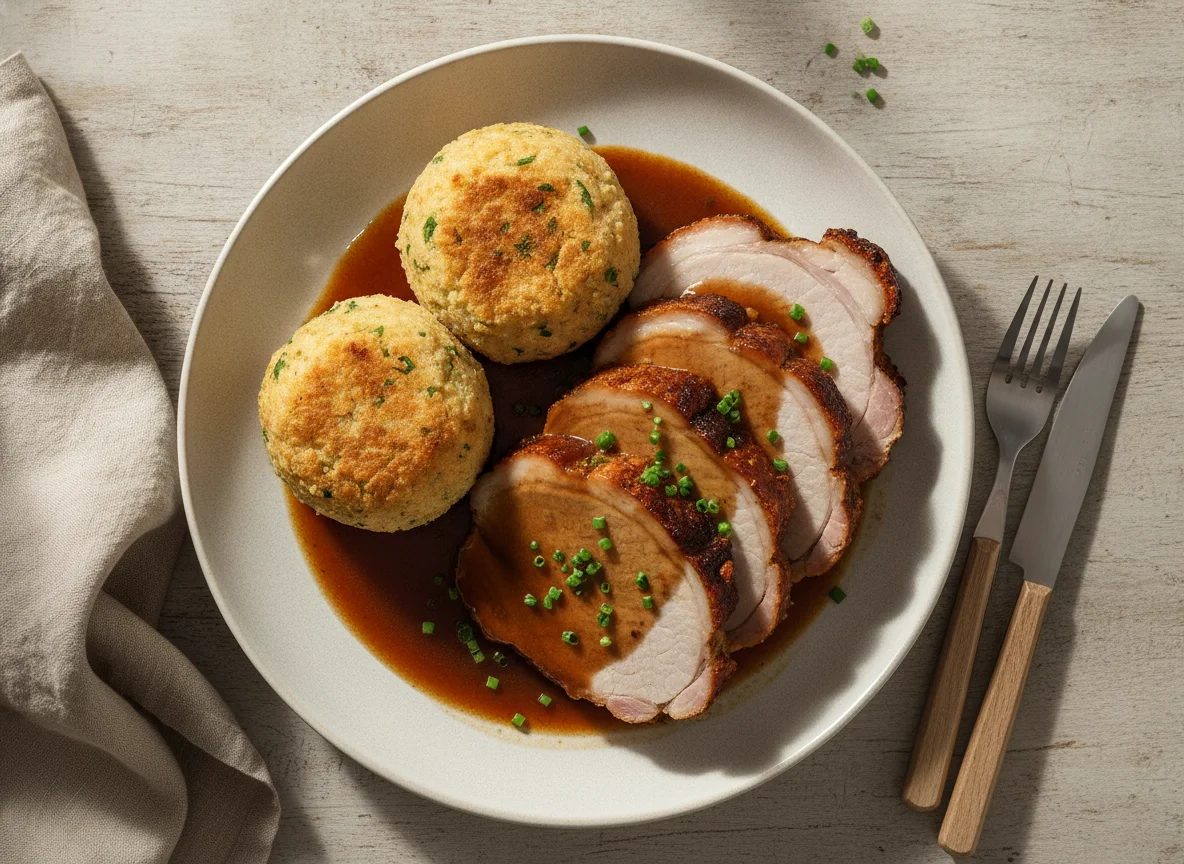 Schweinebraten mit Semmelknödeln und Bratensoße photo