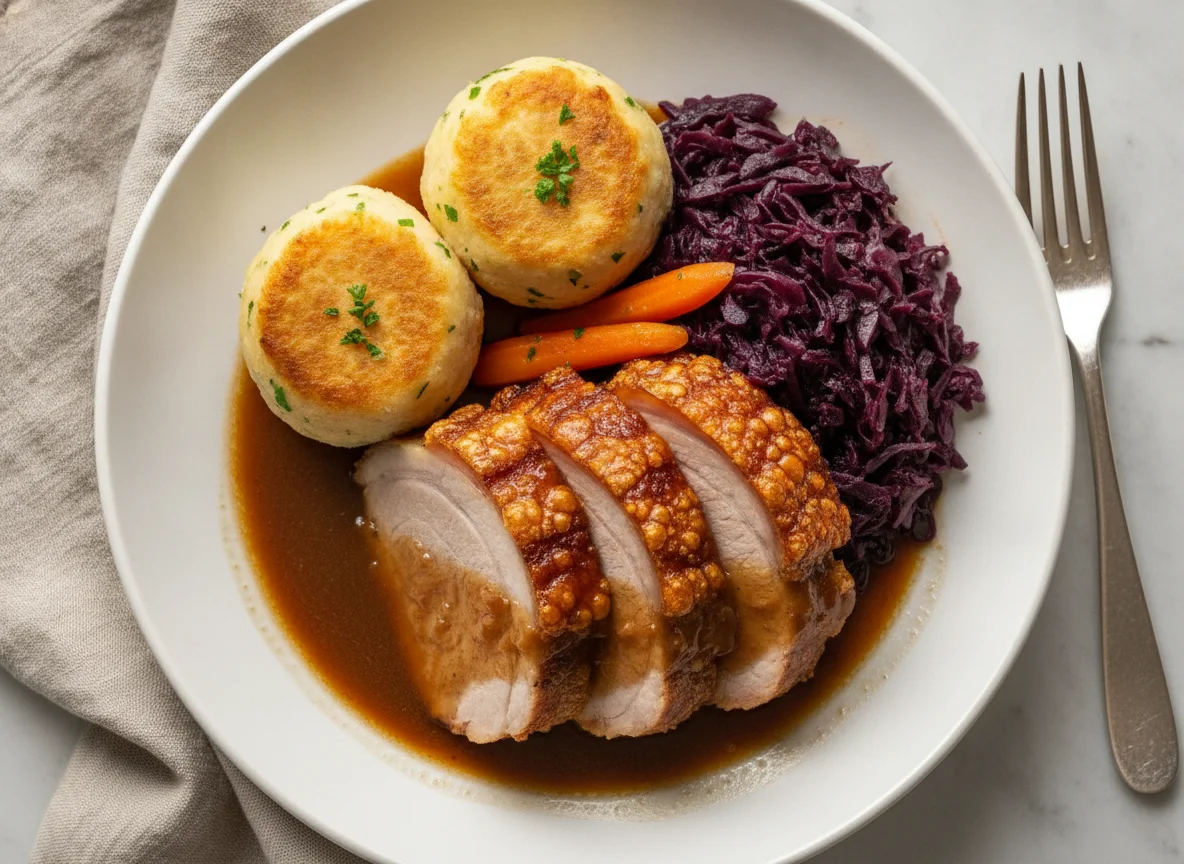 Schweinebraten mit Semmelknödeln und Rotkohl photo