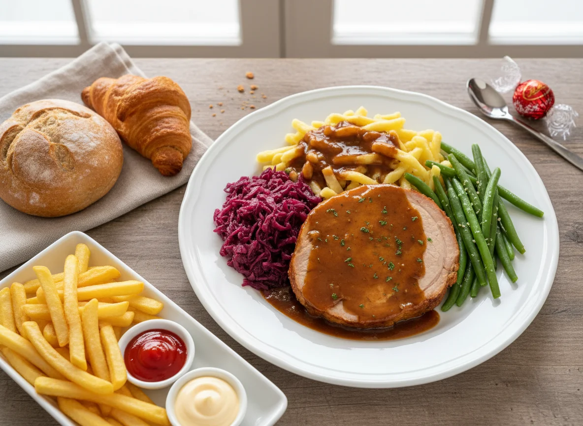 Schweinebraten mit Spätzle, Rotkohl und grünen Bohnen photo