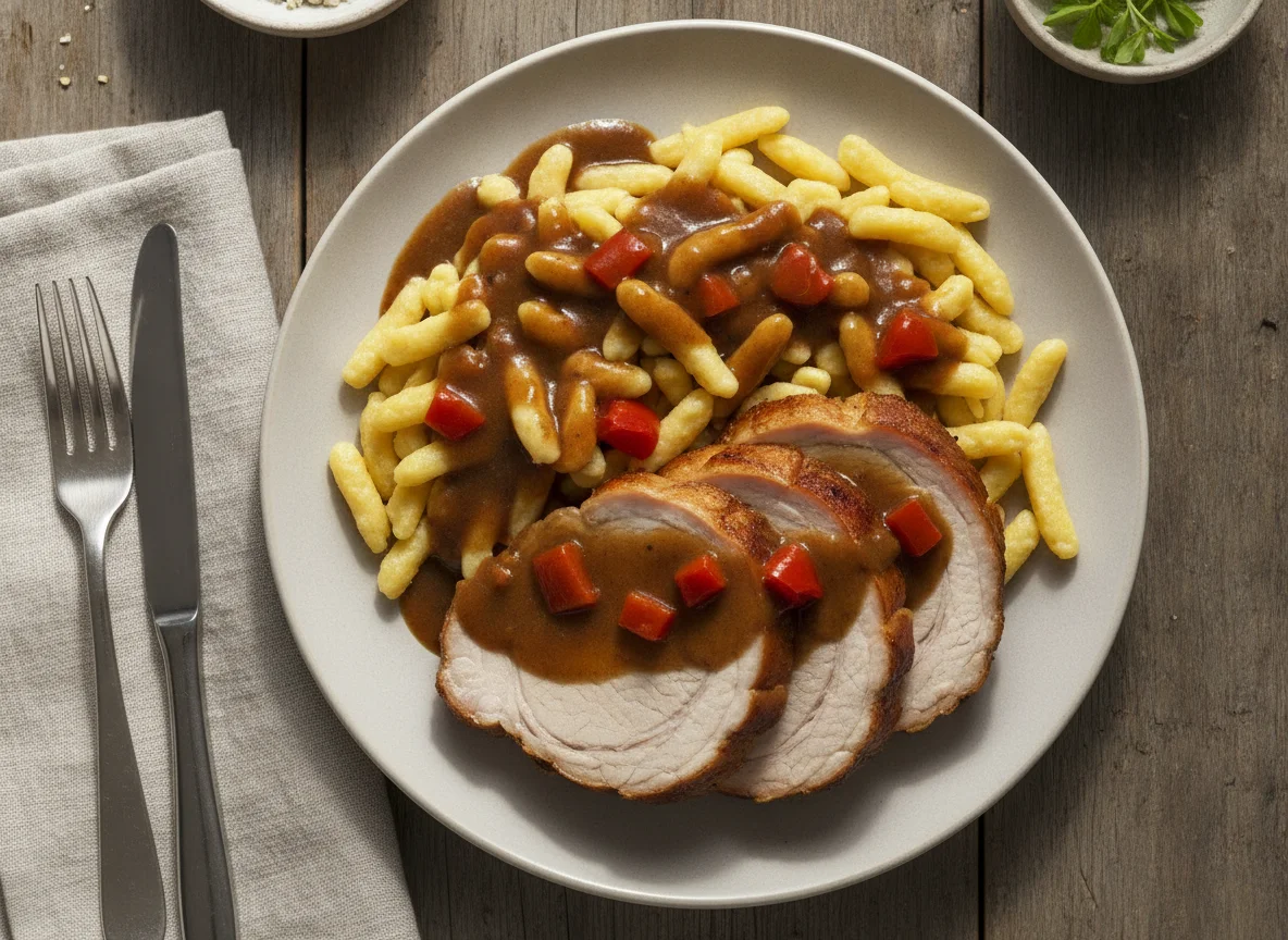 Schweinebraten mit Spätzle und Bratensoße photo