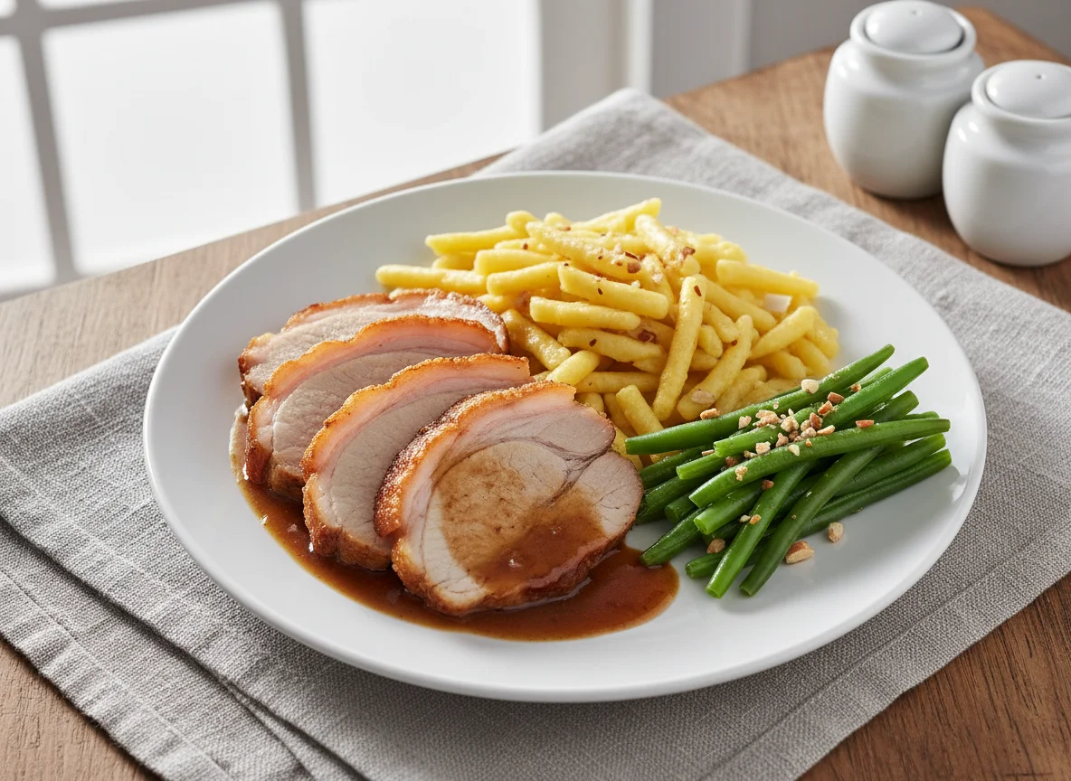Schweinebraten mit Spätzle und grünen Bohnen photo