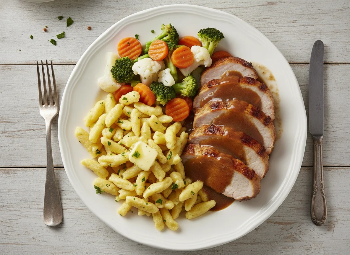 Schweinebraten mit Spätzle und Mischgemüse photo