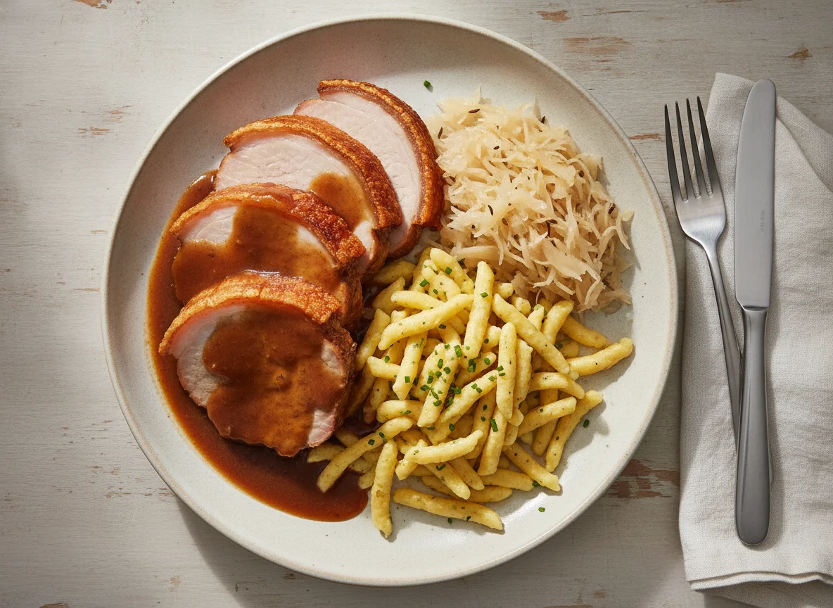Schweinebraten mit Spätzle und Sauerkraut photo