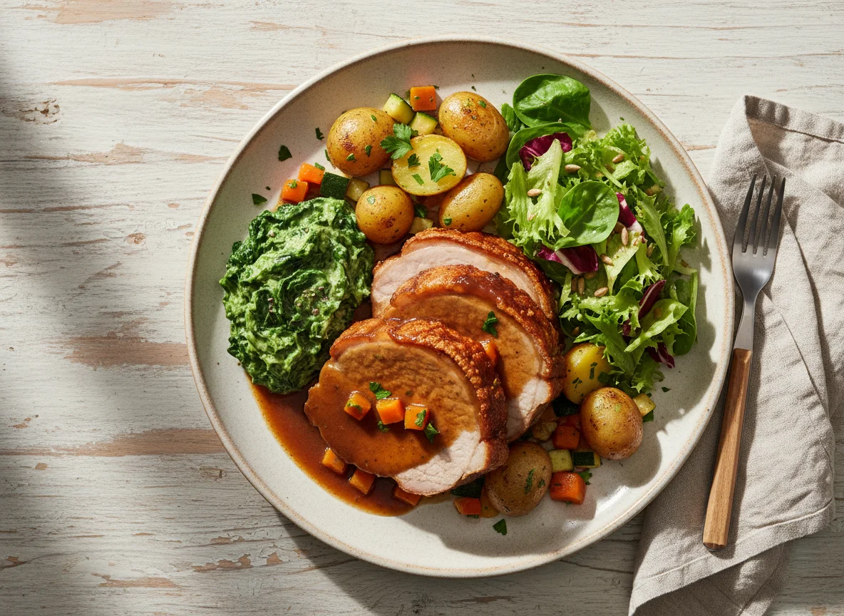 Schweinebraten mit Spinat, Kartoffeln und Salat photo