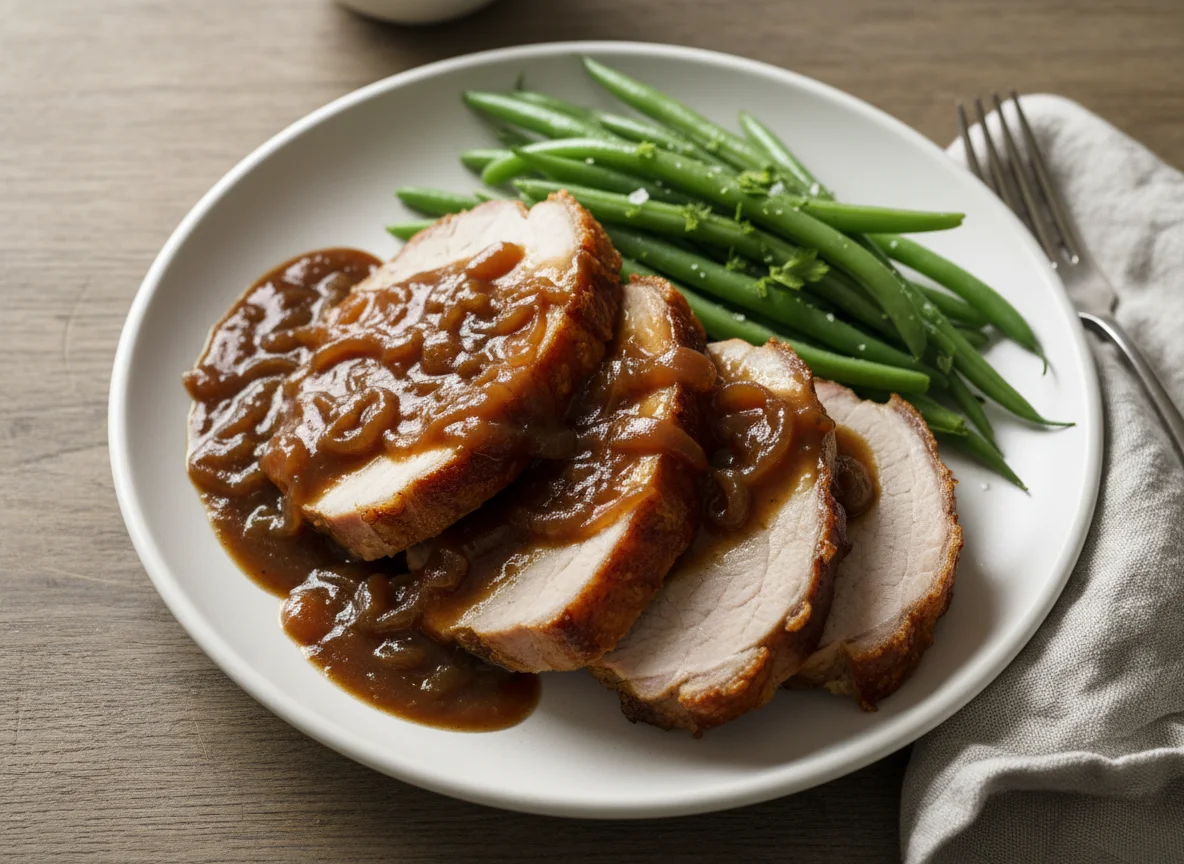 Schweinebraten mit Zwiebelsauce und grünen Bohnen photo
