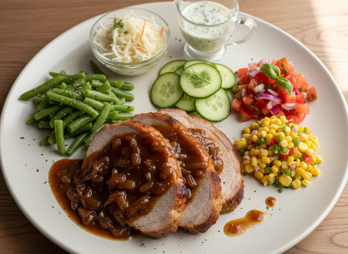 Schweinebraten mit Zwiebelsauce und Salat photo