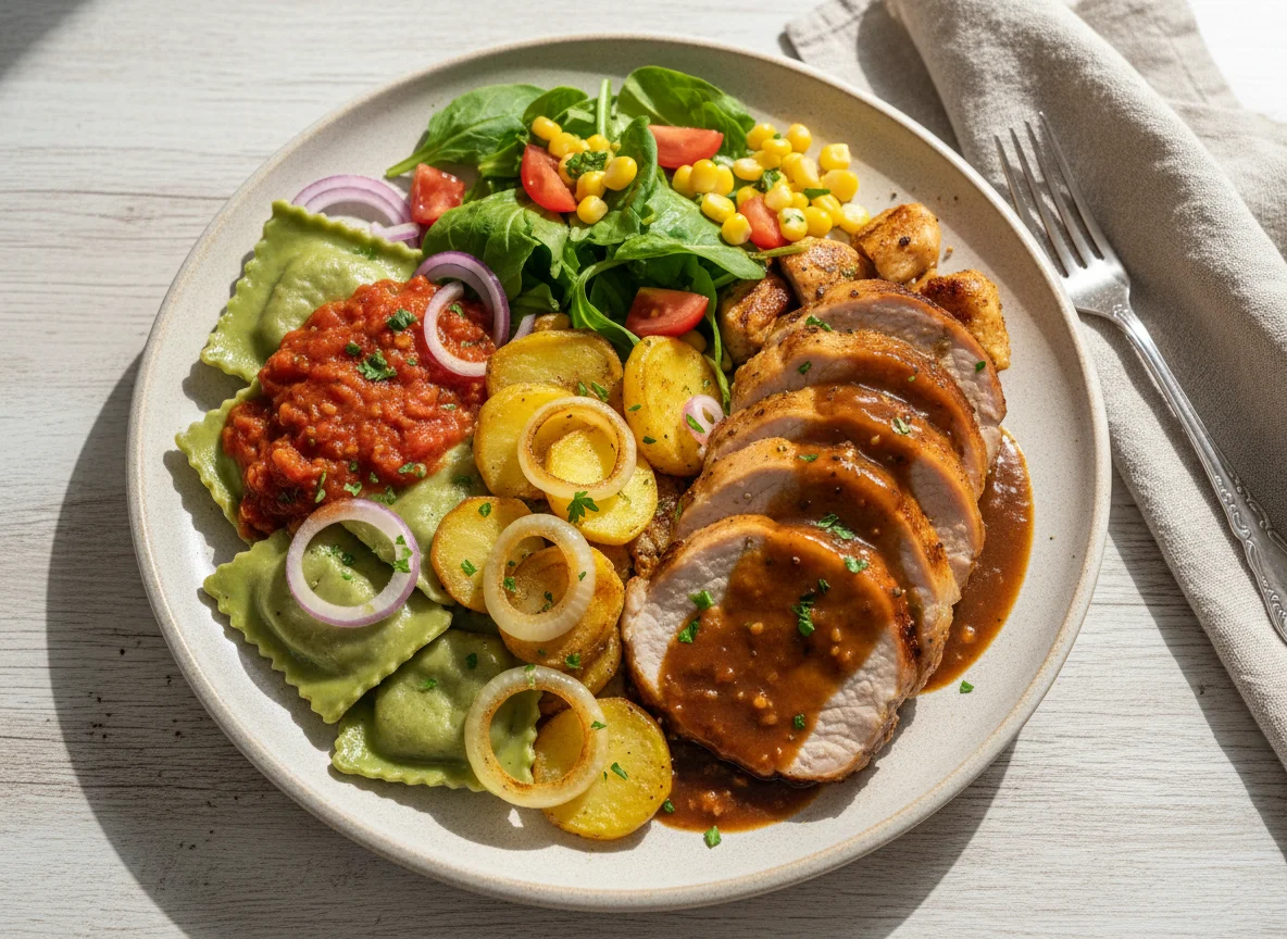 Schweinebraten und Spinat Ravioli photo