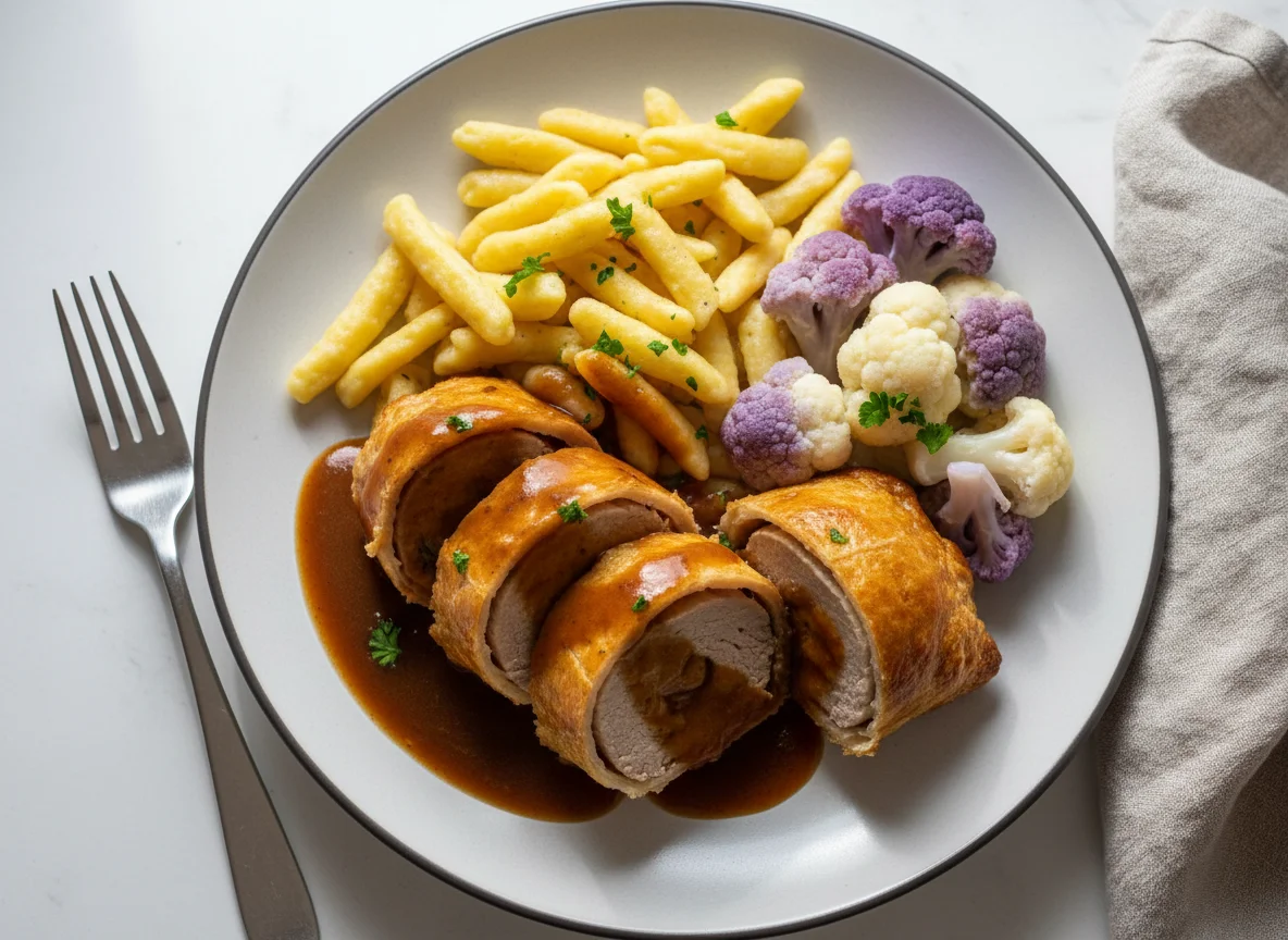 Schweinefilet im Blätterteig mit Spätzle und Blumenkohl photo