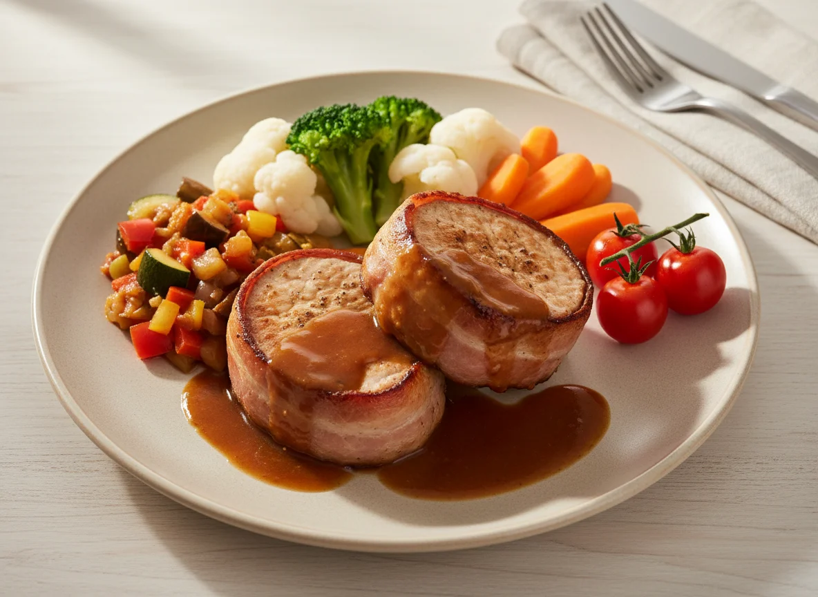 Schweinefilet im Speckmantel mit Gemüse und Sauce photo