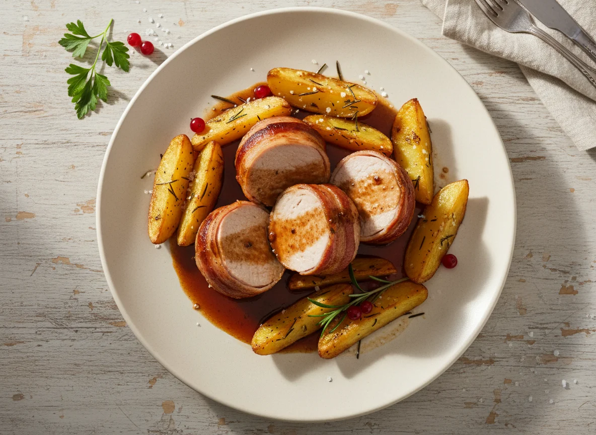 Schweinefilet im Speckmantel mit Kartoffelspalten und Bratensoße photo