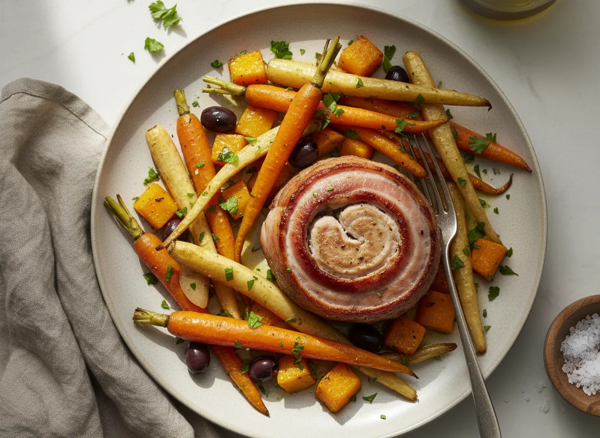 Schweinefilet im Speckmantel mit Ofengemüse photo