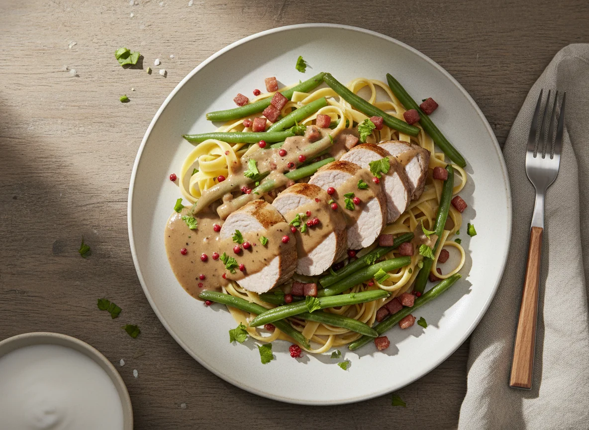 Schweinefilet mit Bandnudeln, grünen Bohnen und Pfeffersauce photo