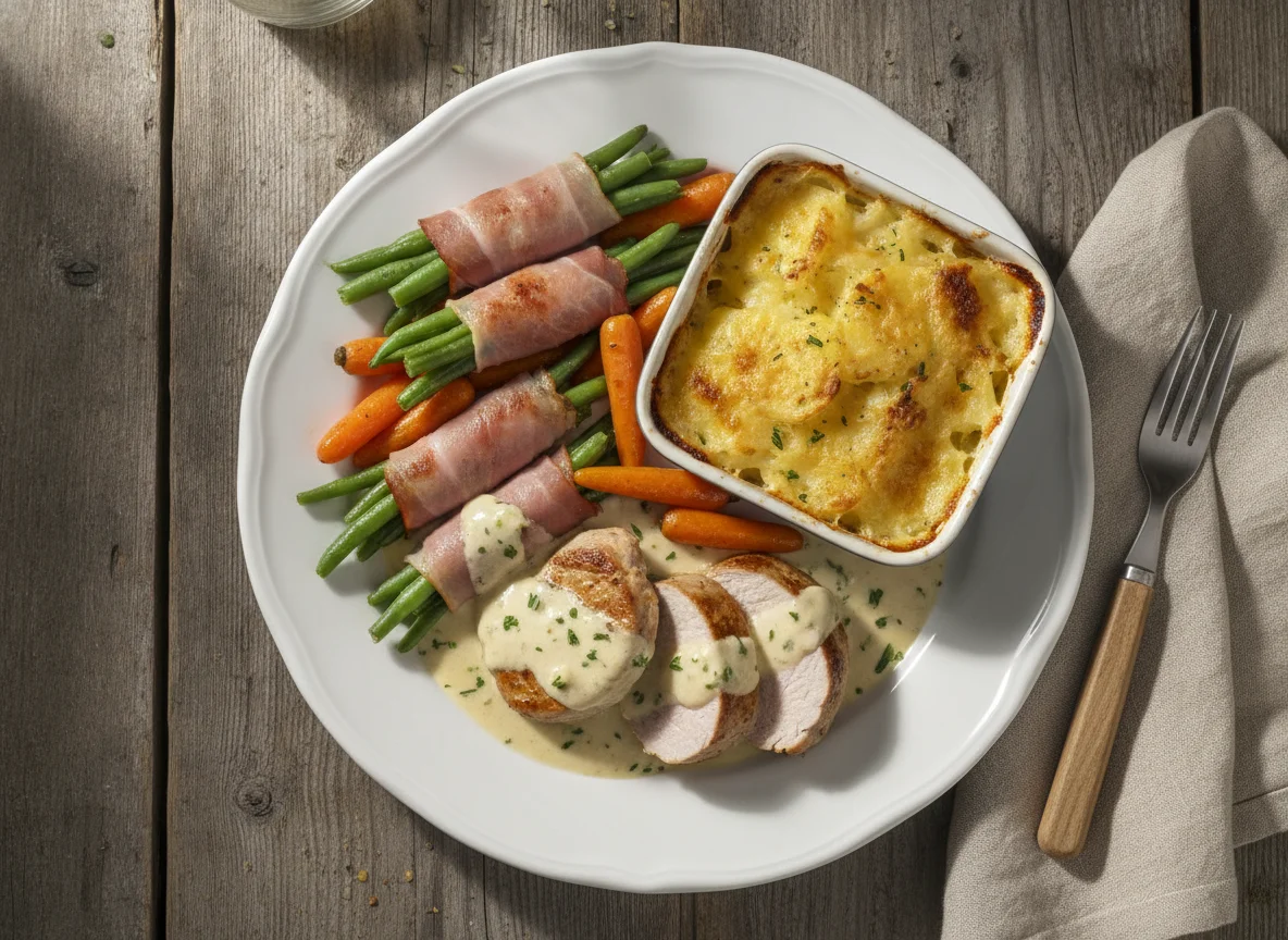 Schweinefilet mit Bohnen, Karotten und Kartoffelgratin photo