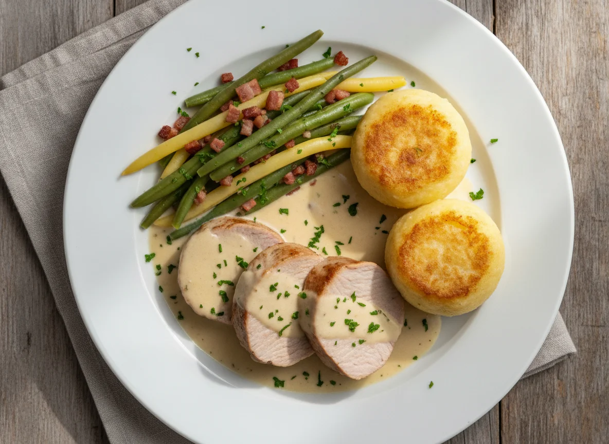 Schweinefilet mit Bohnen und Klößen photo