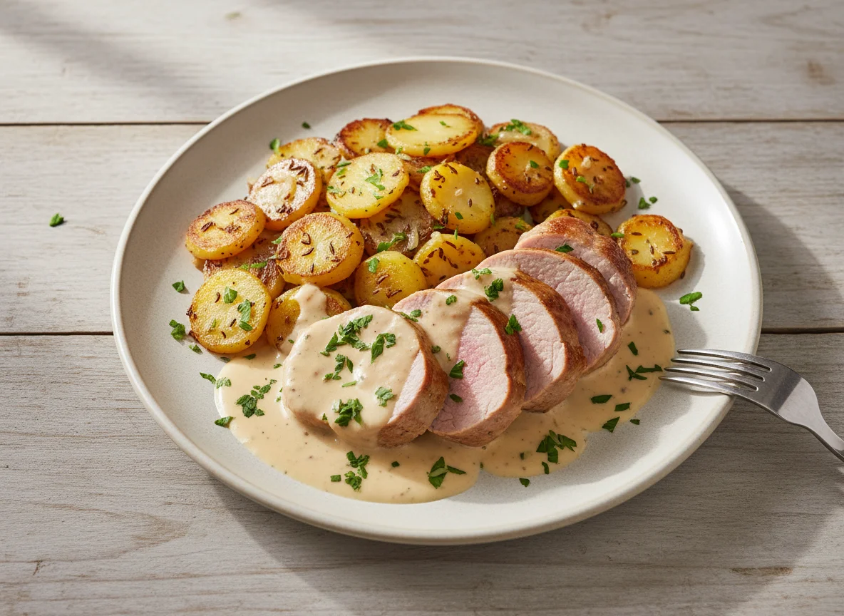 Schweinefilet mit Bratkartoffeln und Rahmsauce photo