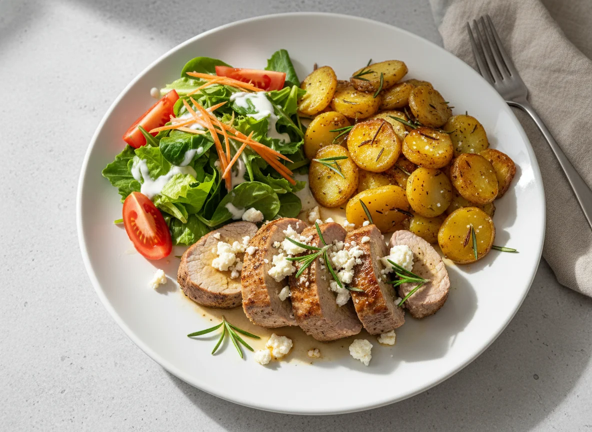 Schweinefilet mit Feta, Rosmarinkartoffeln und Beilagensalat photo