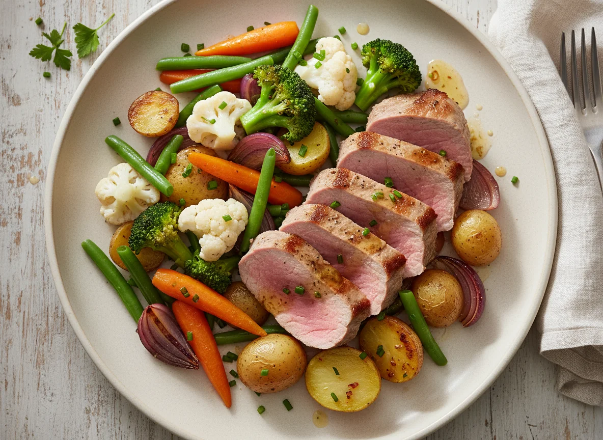 Schweinefilet mit gemischtem Gemüse photo