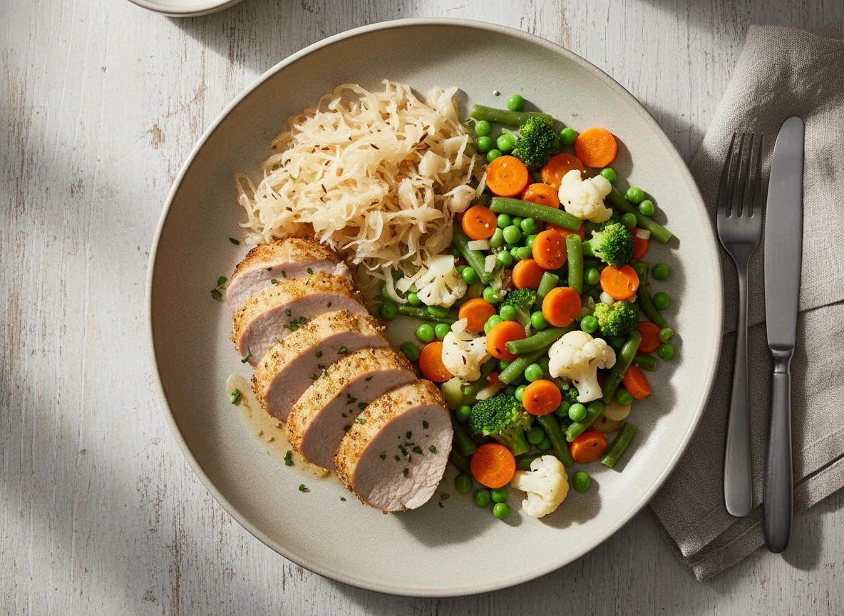 Schweinefilet mit gemischtem Gemüse und Sauerkraut photo