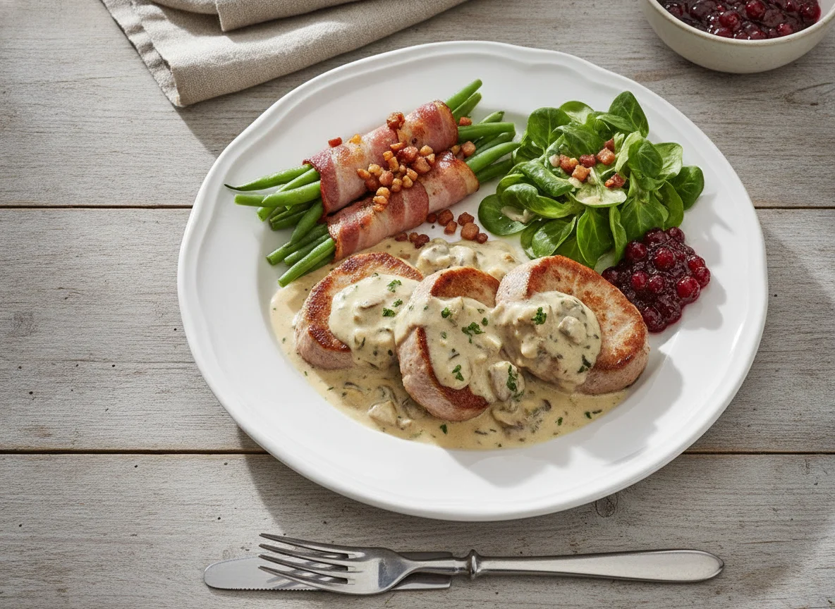 Schweinefilet mit grünen Bohnen und Feldsalat photo