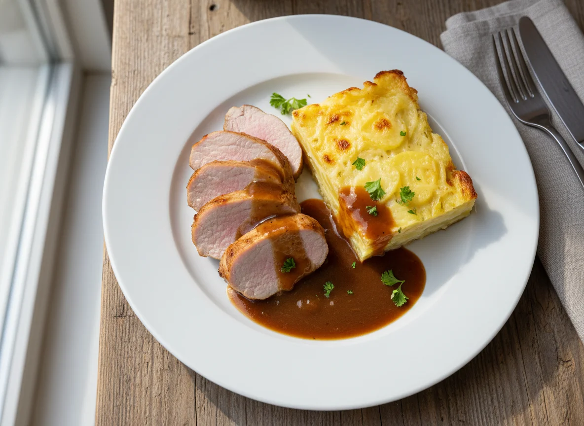Schweinefilet mit Kartoffelgratin und Sauce photo