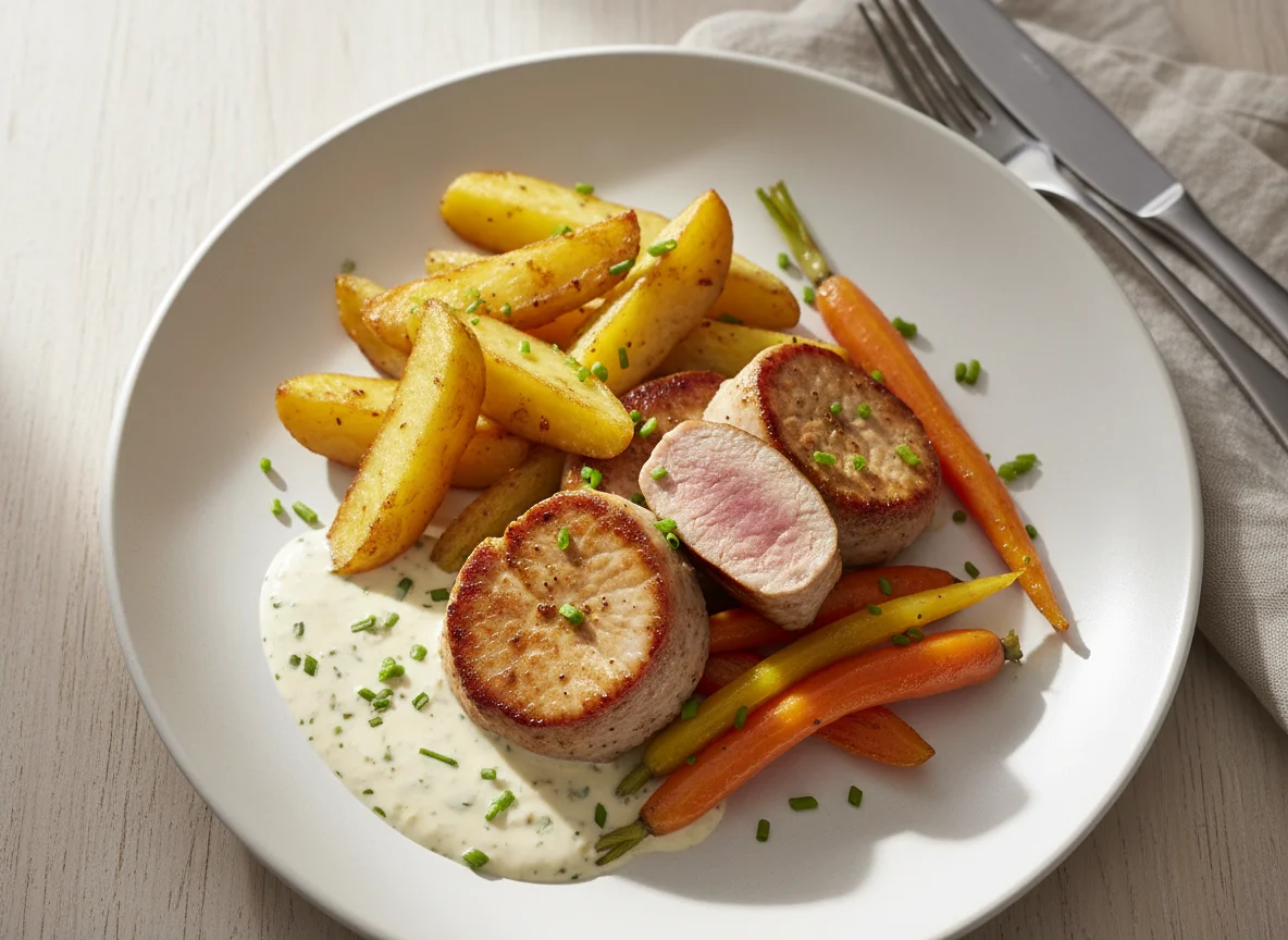 Schweinefilet mit Kartoffeln, Karotten und Rahmsauce photo