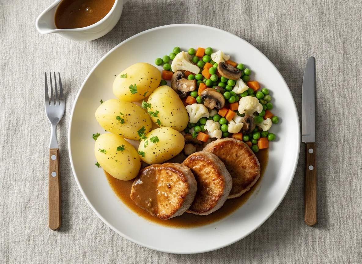Schweinefilet mit Kartoffeln und Erbsen-Gemüse photo