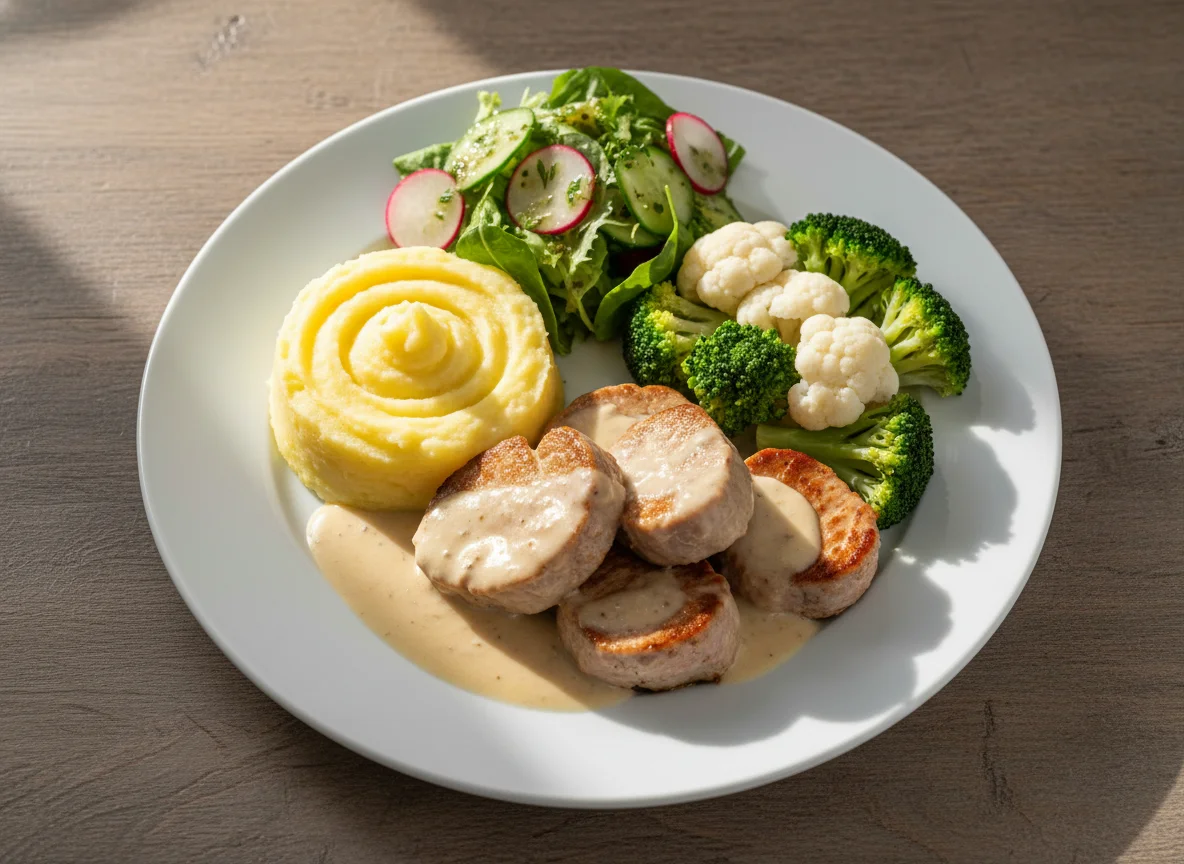 Schweinefilet mit Kartoffelpüree, Brokkoli, Blumenkohl und Salat photo