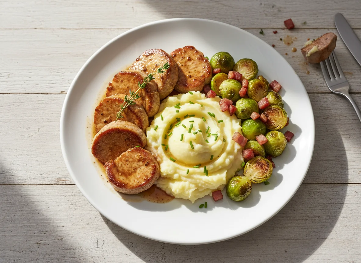 Schweinefilet mit Kartoffelpüree und Rosenkohl photo