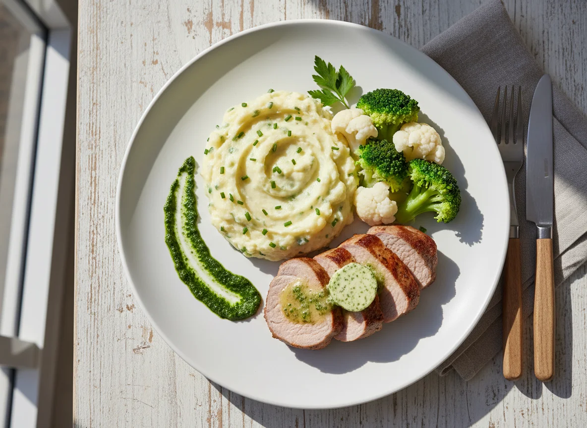 Schweinefilet mit Kartoffelstock und Gemüse photo