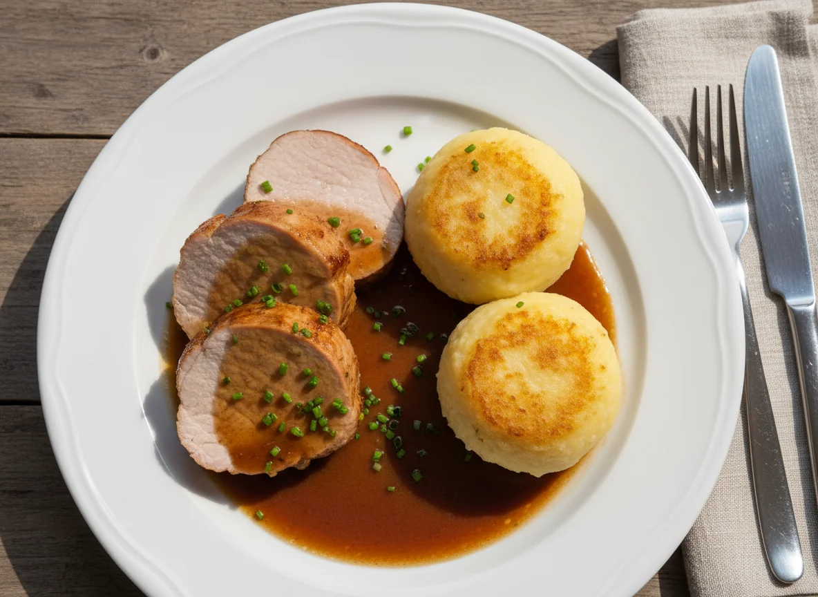 Schweinefilet mit Klößen und Bratensoße photo