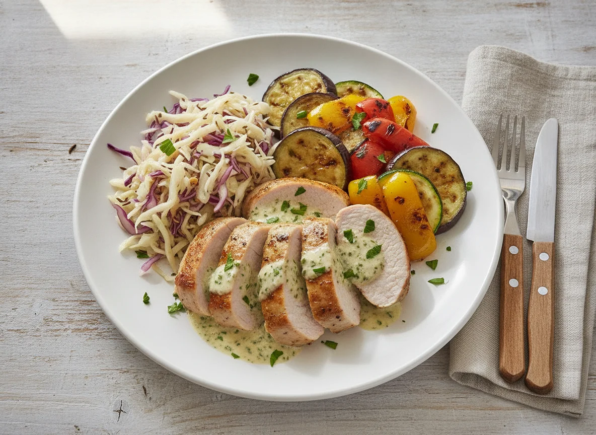 Schweinefilet mit Krautsalat und gebratenem Gemüse photo