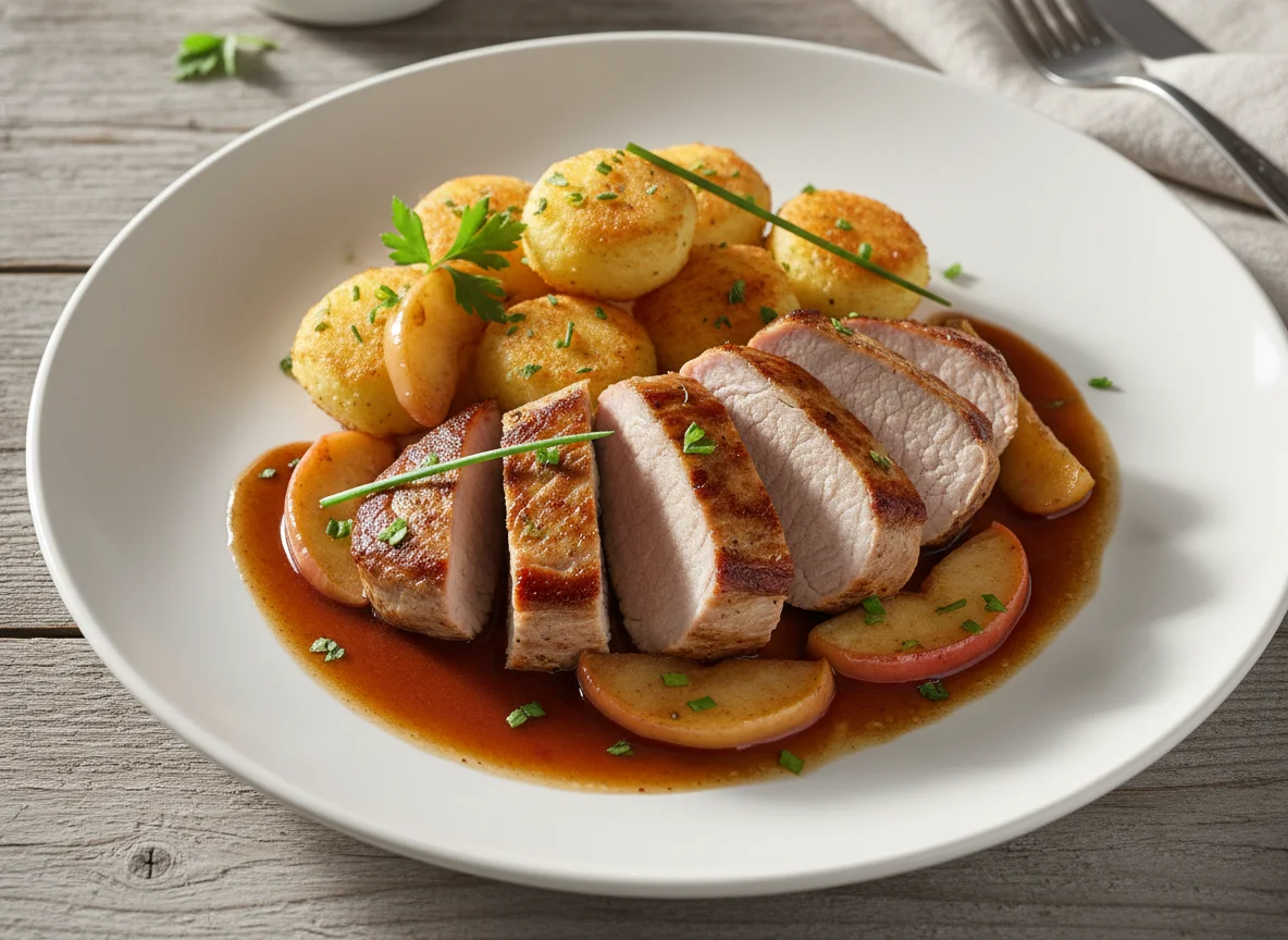 Schweinefilet mit Kroketten und Apfelstücken photo