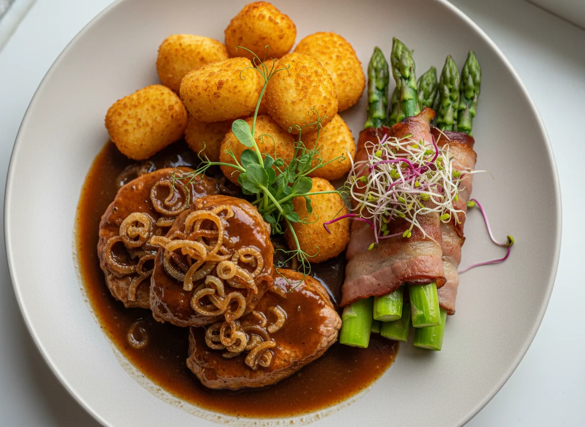Schweinefilet mit Kroketten und Spargel im Speckmantel photo