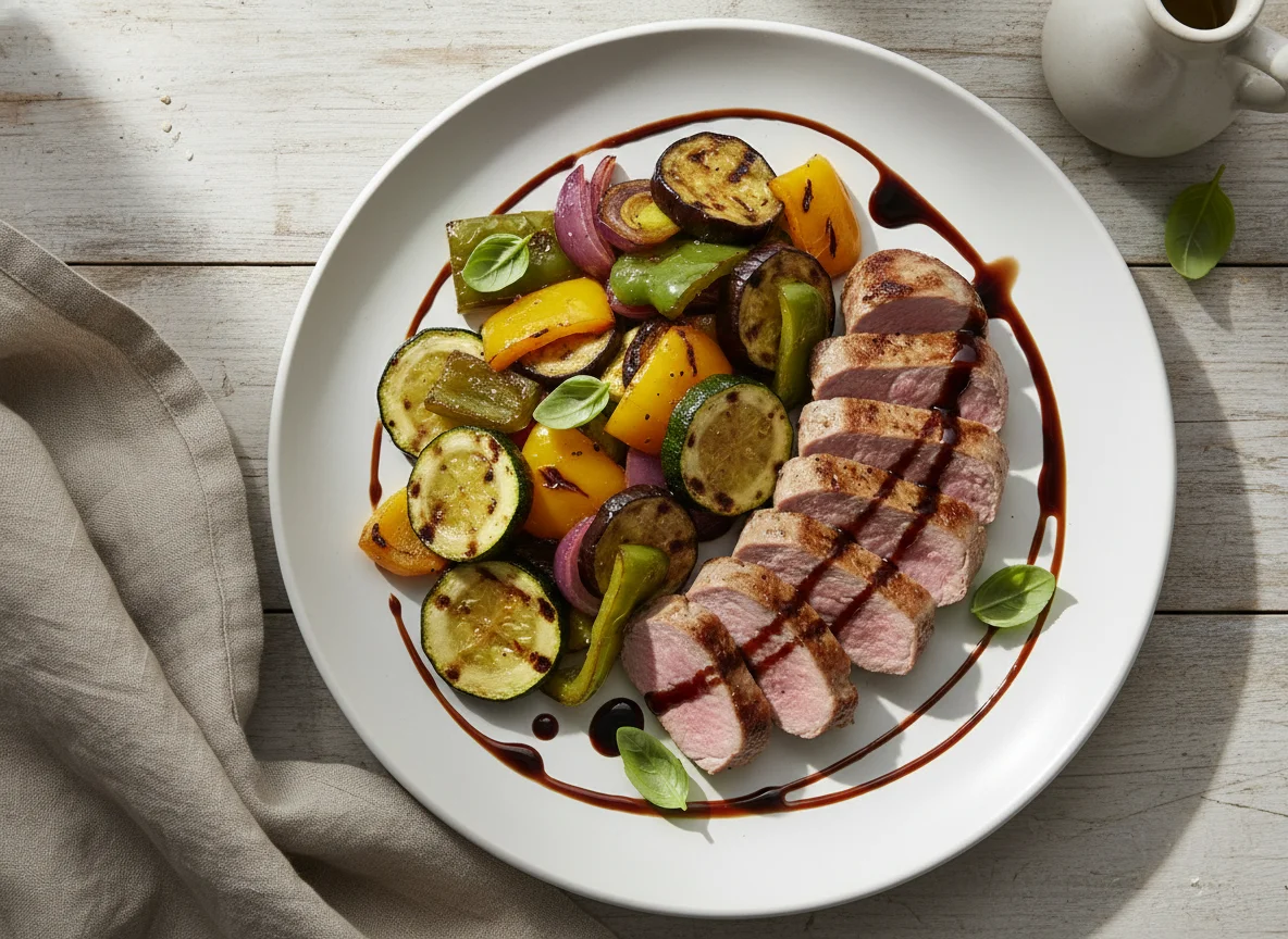 Schweinefilet mit mediterranem Gemüse und Balsamico-Glasur photo