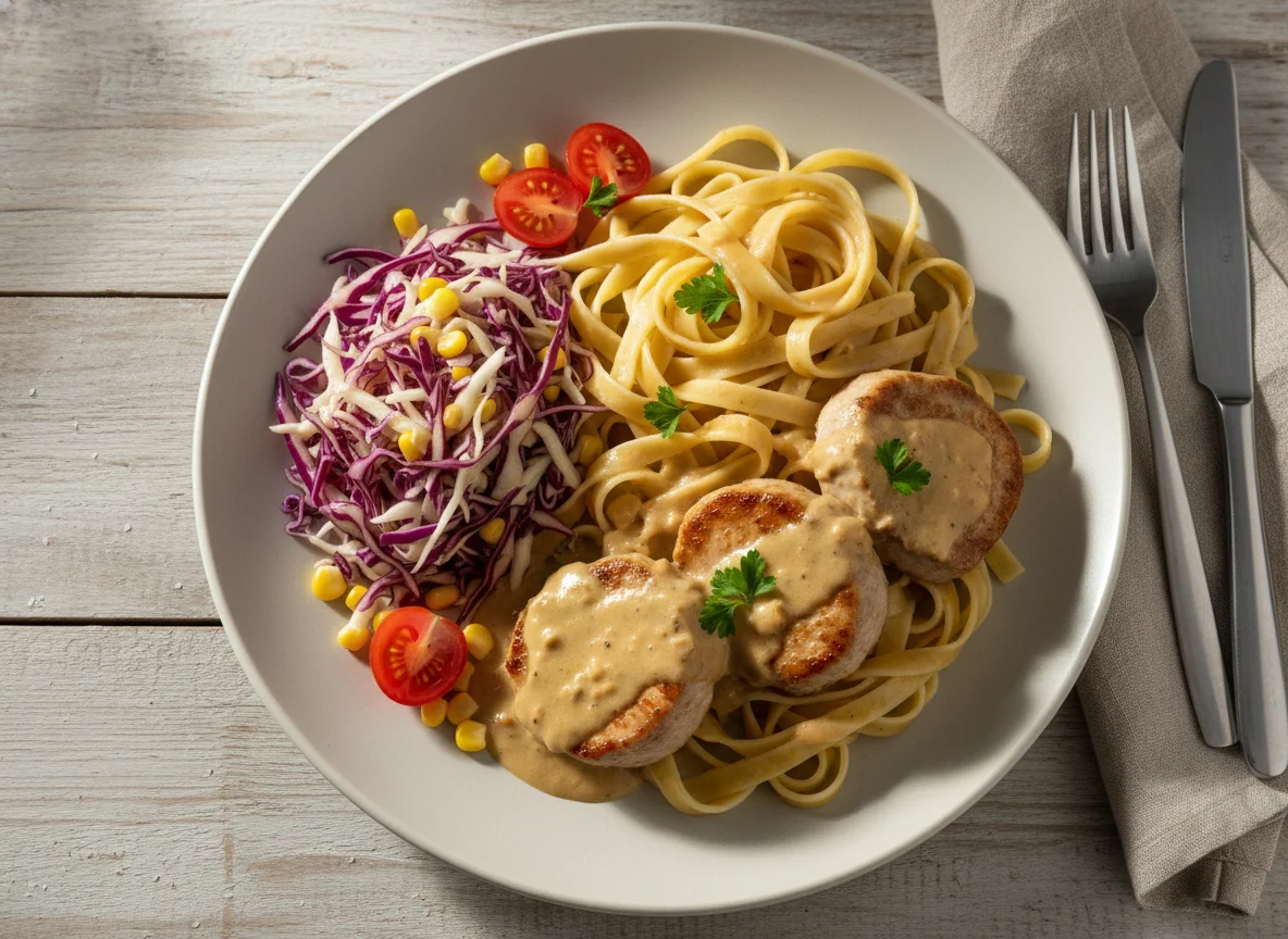 Schweinefilet mit Nudeln und Salat photo
