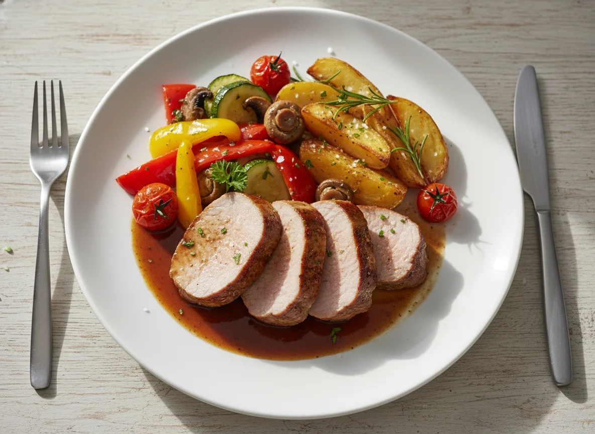 Schweinefilet mit Ofenkartoffeln und mediterranem Gemüse photo